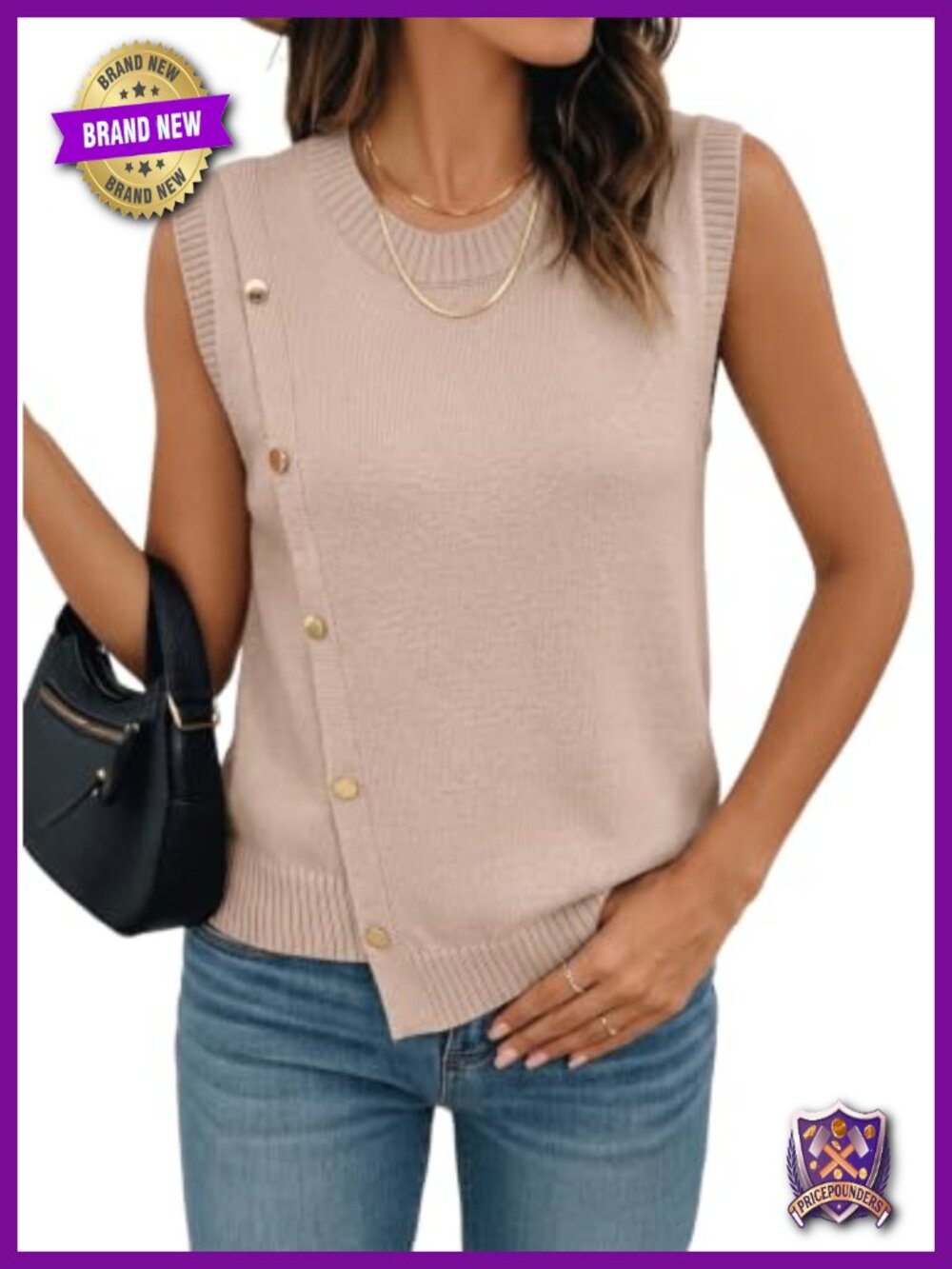 Sleeveless Button Decor Knit Sweater Vest Irreg Hem Loose Fit